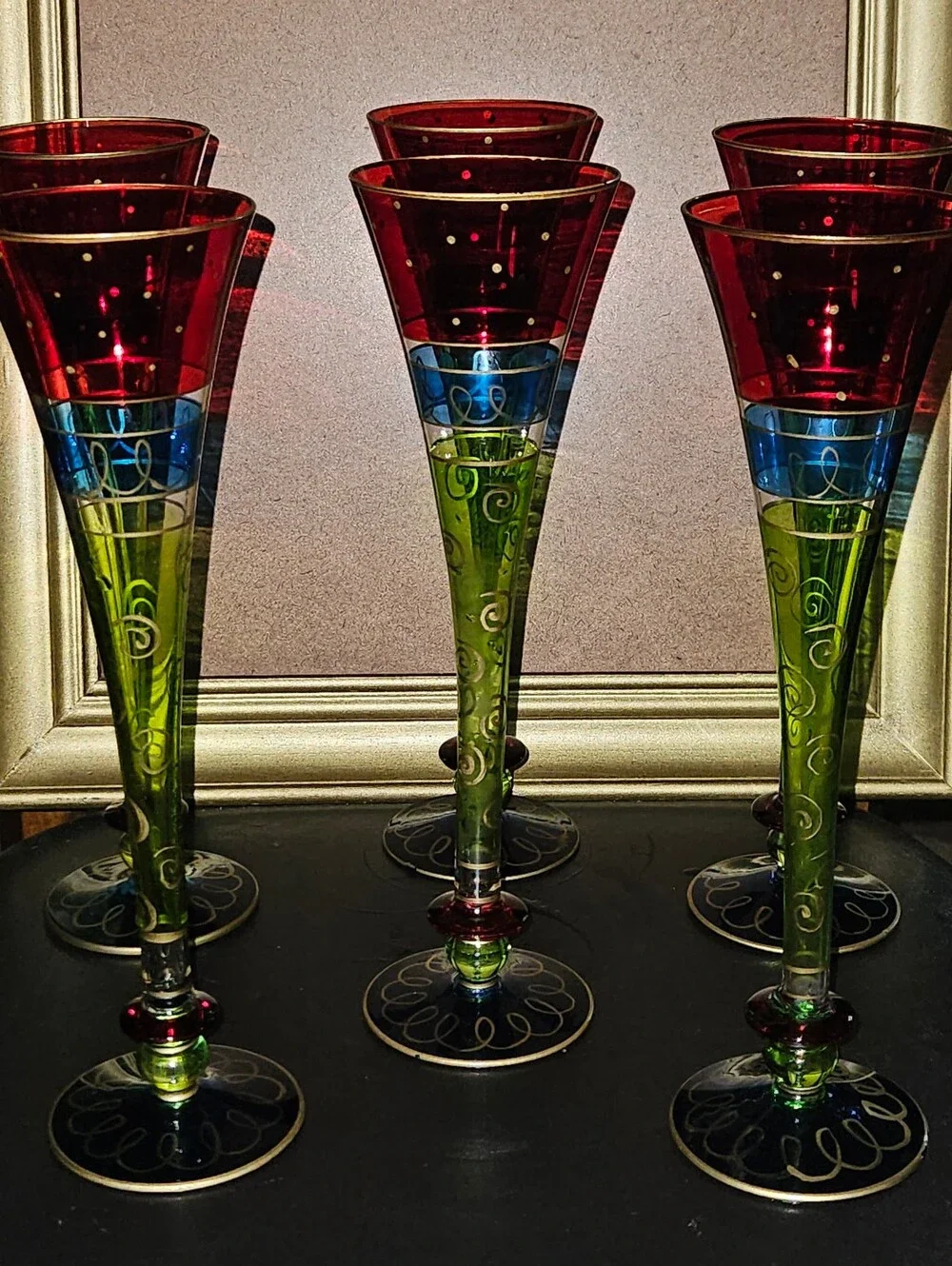 Vintage Pier 1 Set of 6 Hand Painted Colorful Champaign Glasses